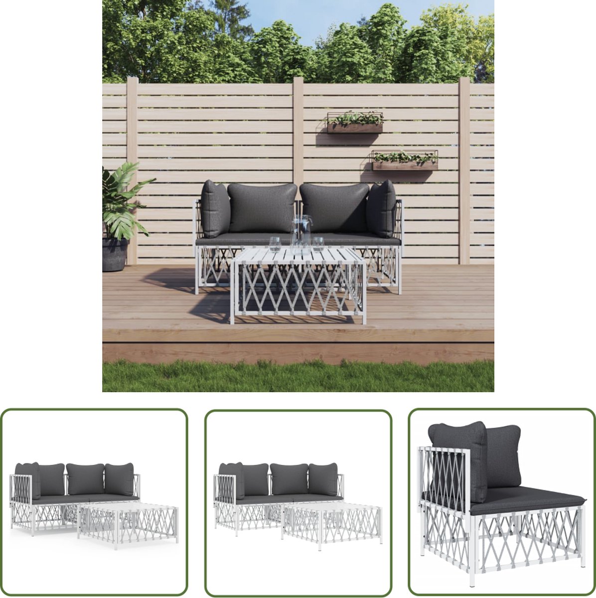 Witte stalen loungeset met kussens voor buiten - Tuinmeubilair - The Living Store.