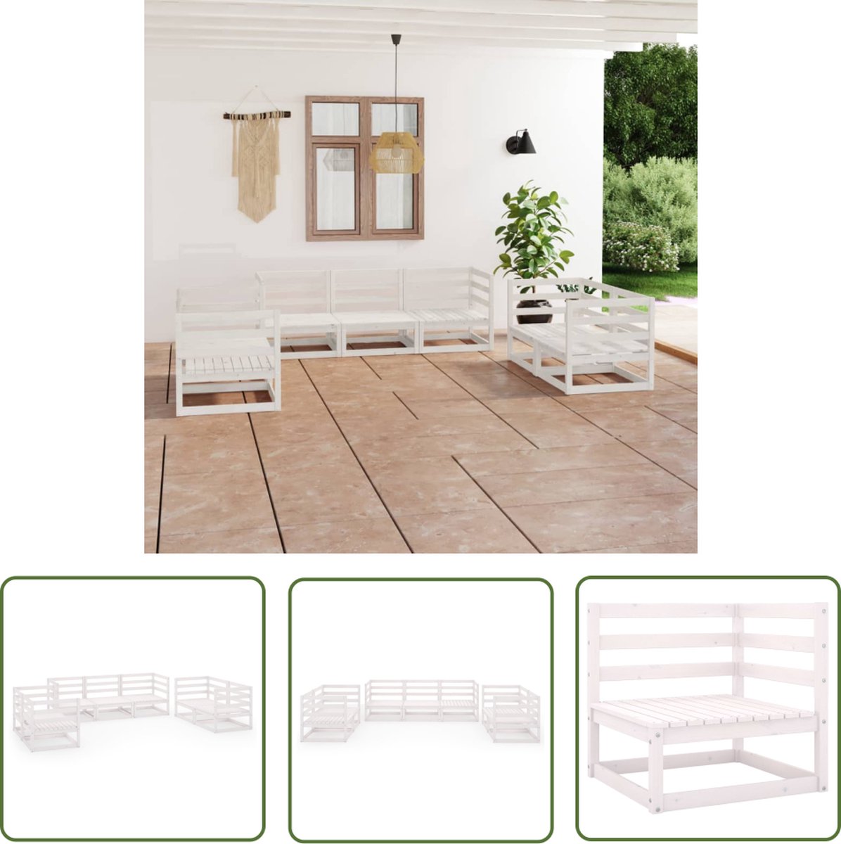 The Living Store 7-delige Loungeset massief grenenhout wit - Tuinlounge - Loungestoel - Buis Meubel - Houten Bank - Grenenhouten Bank