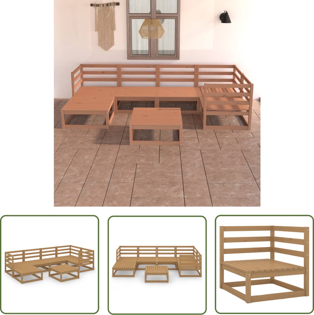 The Living Store 7-delige Loungeset massief grenenhout honingbruin - Tuinstoel - Lounge Set - Houten Bank - Buitentijd - Patio Furniture