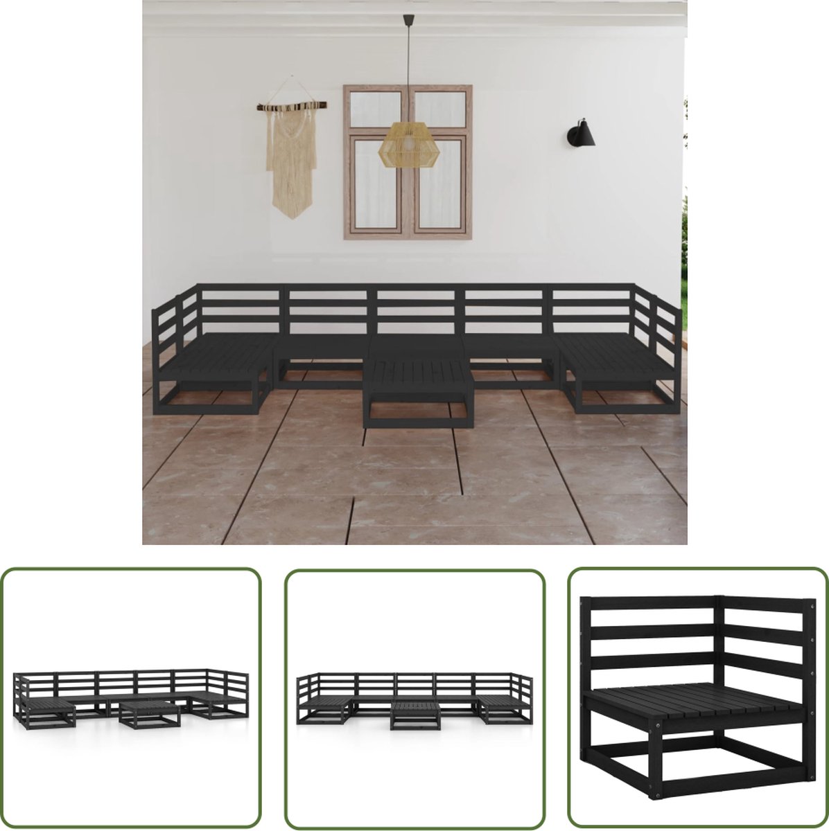 Massief grenenhouten loungeset van The Living Store in tuinomgeving.