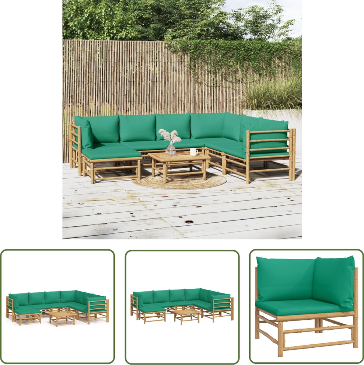 Loungeset van bamboe in groen met kussens voor buiten - Tuinmeubilair met stijl.
