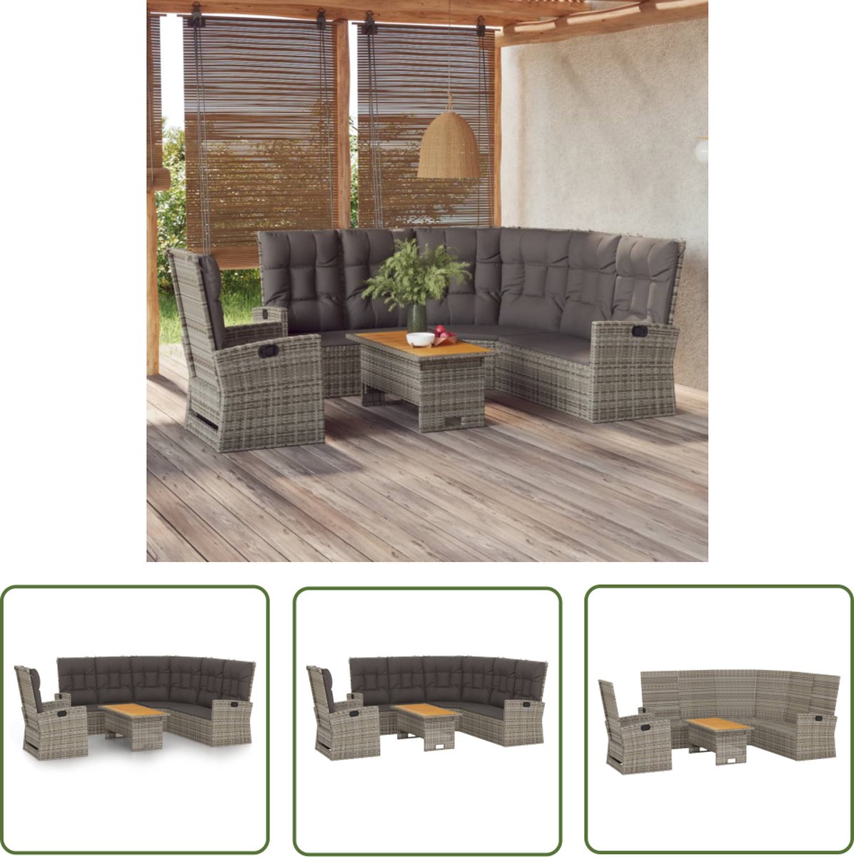 The Living Store 3-delige Loungeset met kussens poly rattan grijs - Loungeset - Lounge Set - Outdoor Furniture - Tuinset - Terrasset