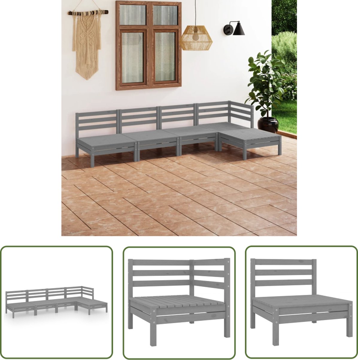 Massief grenenhouten loungeset in grijs, inclusief tuinstoel, bank en teak tafel.