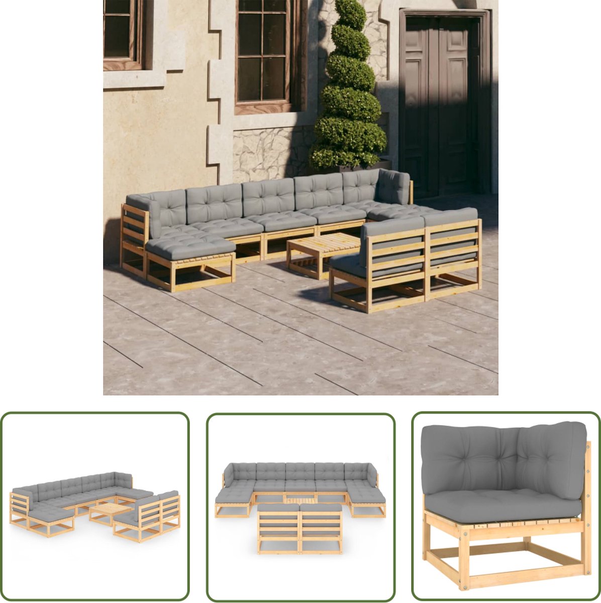 Massief grenenhouten loungeset met kussens voor tuin en terras.