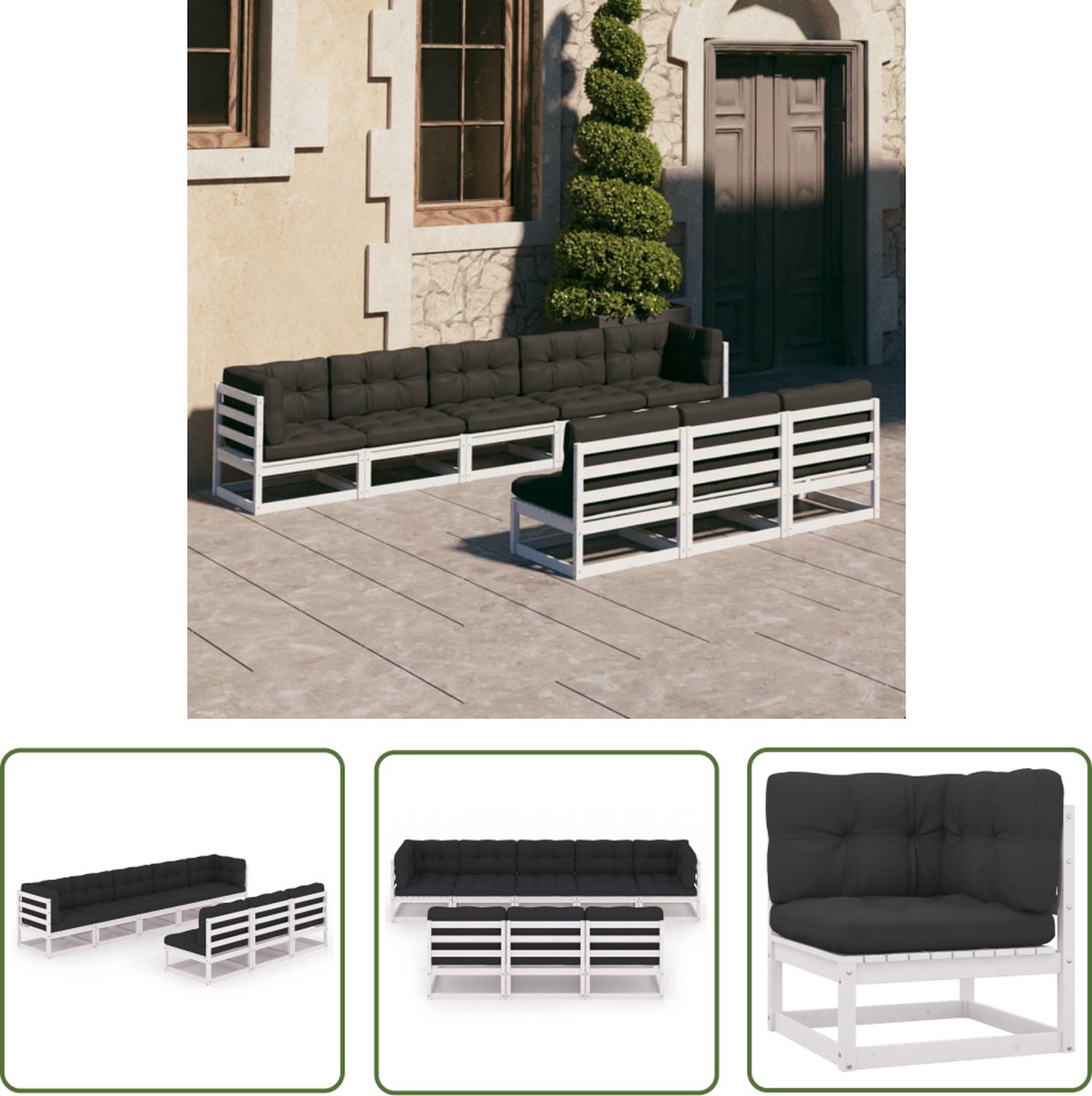 The Living Store 8-delige Loungeset met kussens massief grenenhout wit - Loungeset - Tuinset - Houten Lounge - Tuinlounge - Buitendining