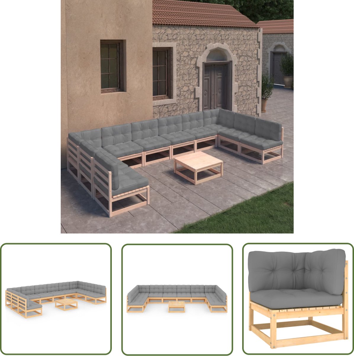 The Living Store 11-delige Loungeset met kussens massief grenenhout - Tuinmeubels - Lounge Set - Houten Bank - Grenenhout - Loungebank