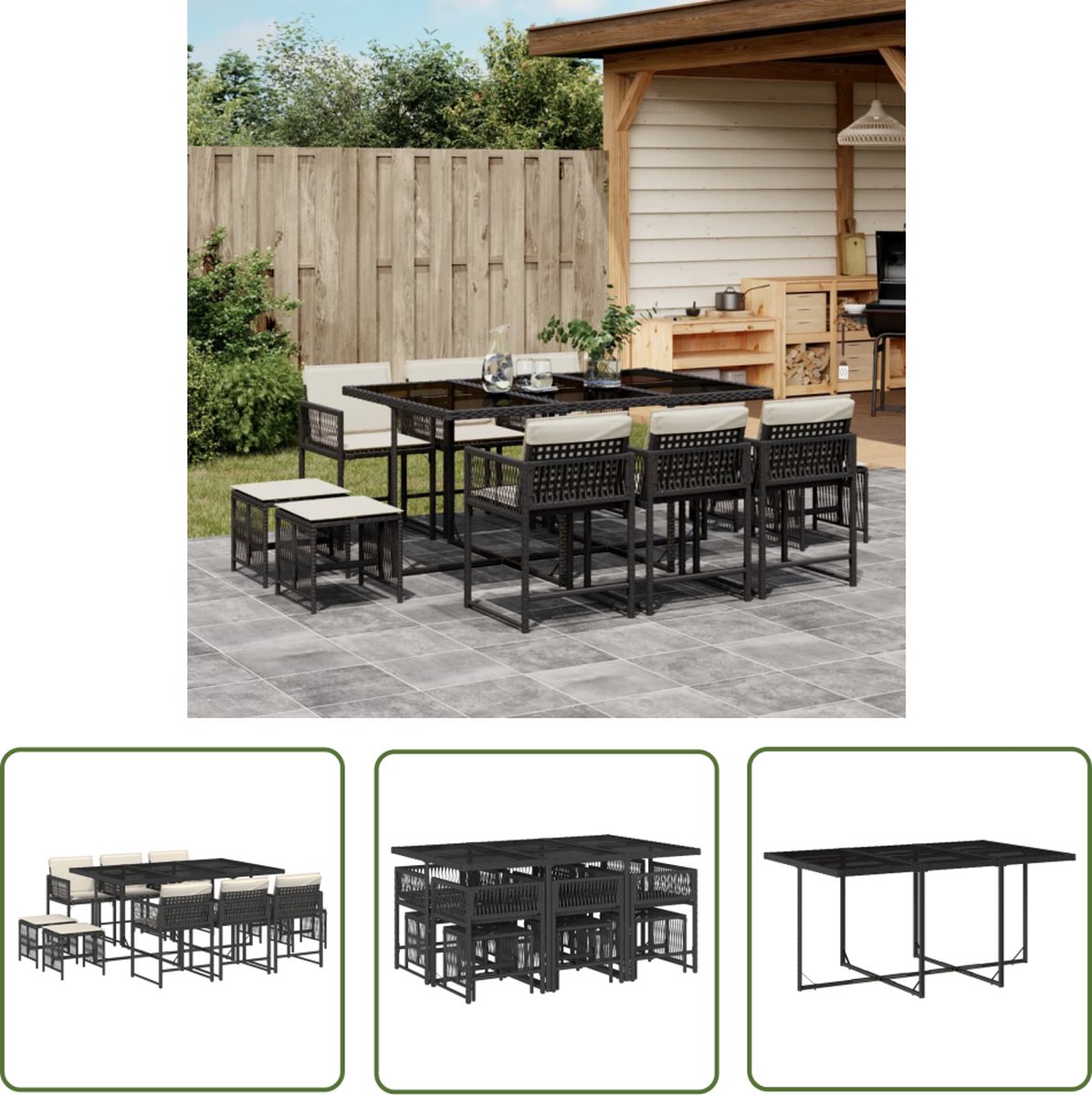 The Living Store 11-delige Tuinset met kussens poly rattan zwart - Tuinset - Buitendecoratie - Lounge Set - Eetkamerset - Poly Rattan