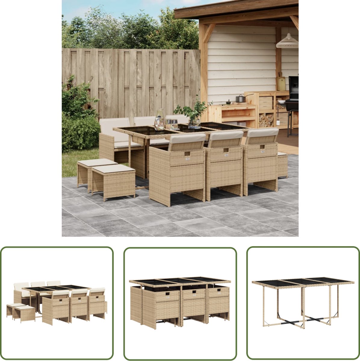 Tuinset met beige poly rattan kussens - Lounge en eetkamerset.