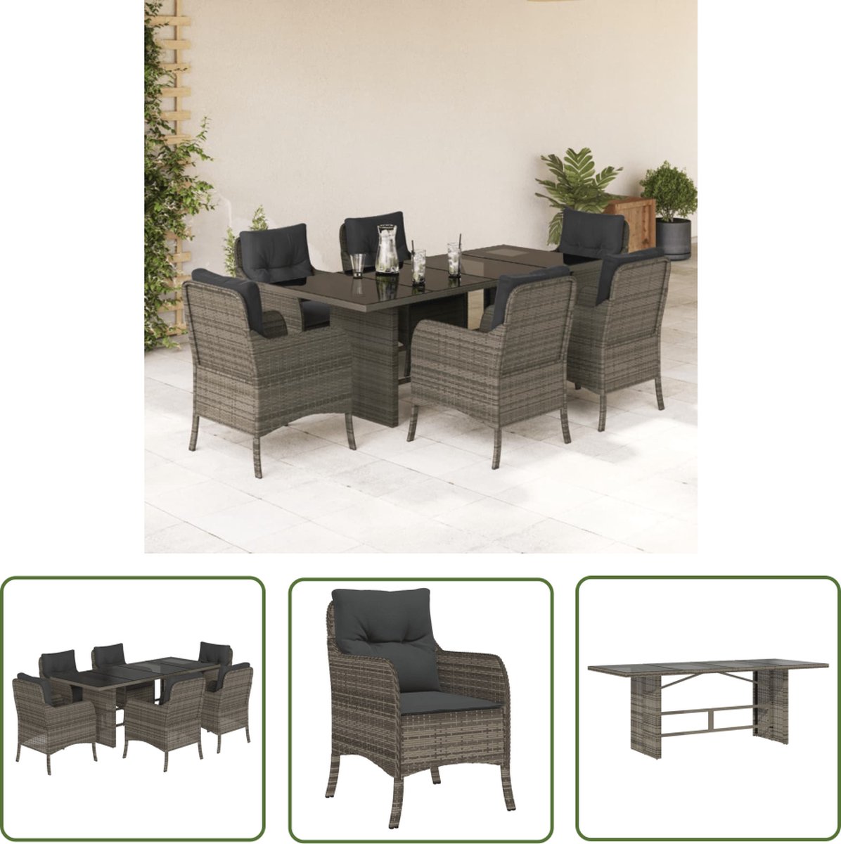 Grijze poly rattan tuinset met kussens voor buiten - The Living Store.