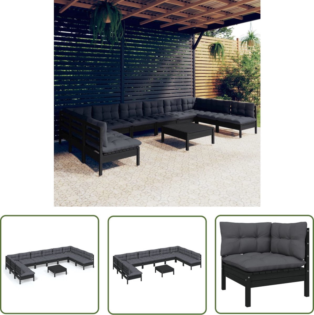 The Living Store 11-delige Loungeset met kussens massief grenenhout zwart - Loungestoel - Lounge Set - Houten Loungebank - Buis Stoffen Bank - Tuinstoel