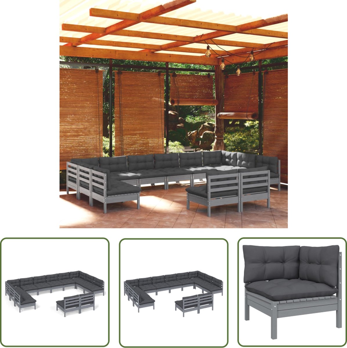 The Living Store 12-delige Loungeset met kussens massief grenenhout grijs - Tuinmeubels - Lounge Set - Hoeksofa - Buis Meubel - Grenenhouten Bank