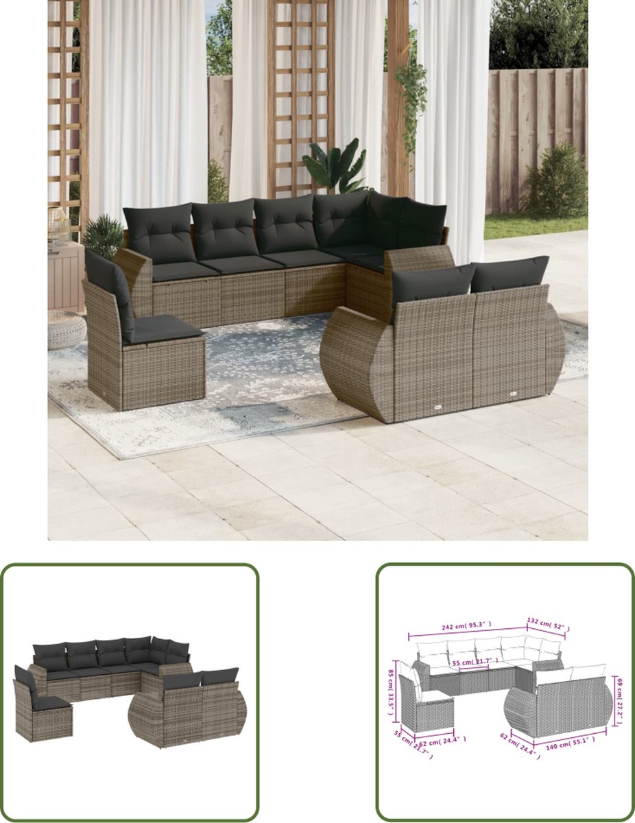 Grijze poly rattan loungeset met kussens voor tuin of terras.