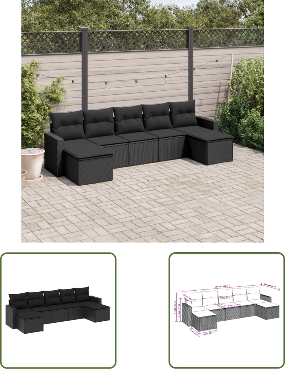 The Living Store 7-delige Loungeset met kussens poly rattan zwart - Loungeset - Tuinset - Loungehoek - Buis Meubel - Outdoor Furniture