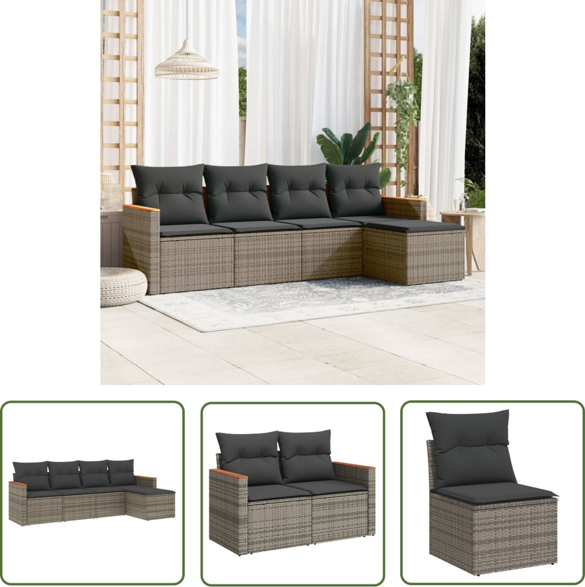 Grijze poly rattan loungeset met kussens voor tuinmeubels en buitendecoratie.