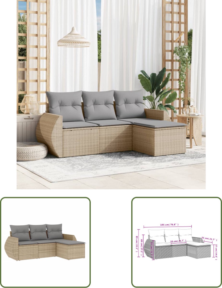 The Living Store 4-delige Loungeset met kussens poly rattan beige - Loungeset - Tuinlounge - Buitendecoratie - Loungemeubels - Poly Rattan