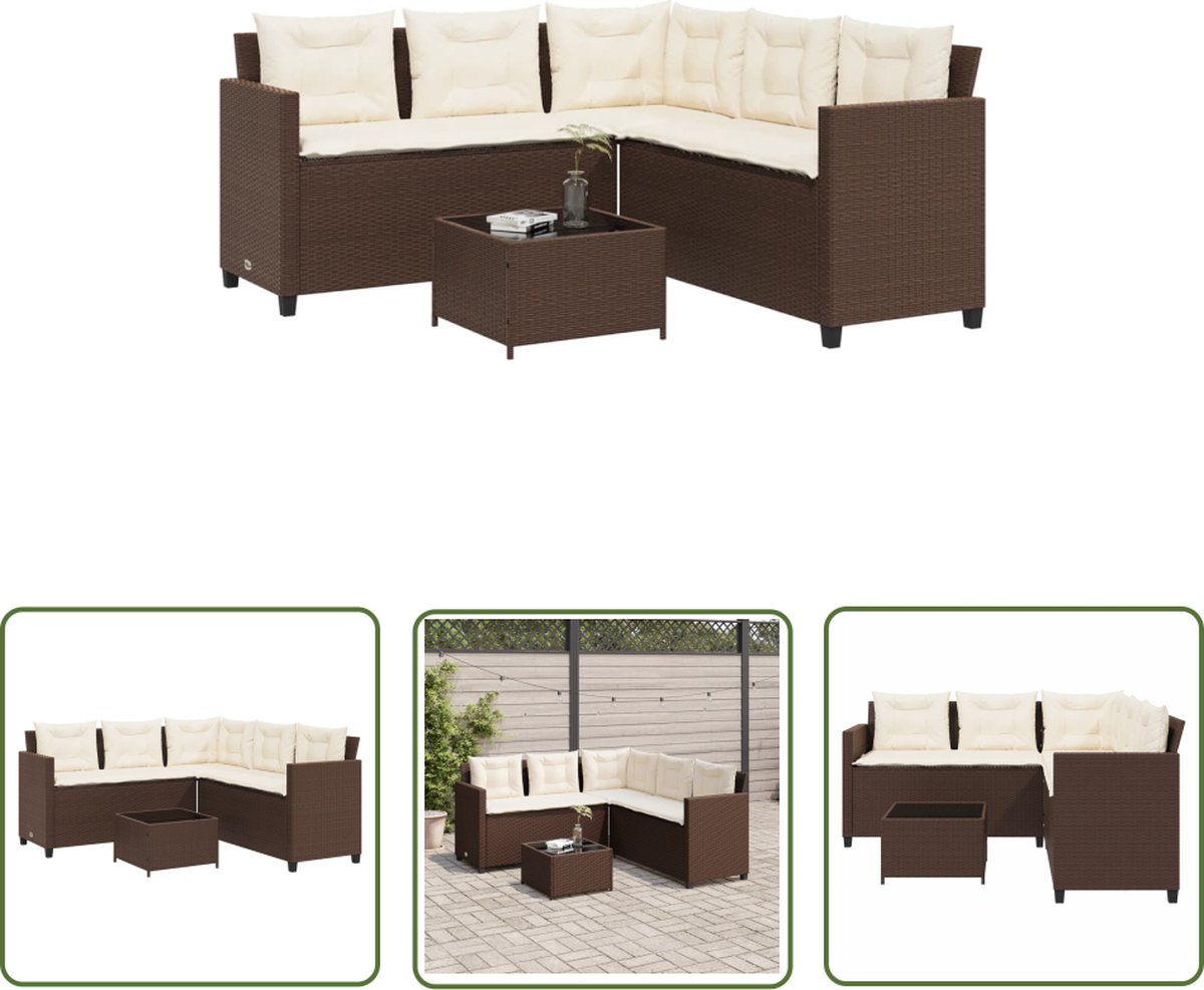 The Living Store Tuinbank met tafel en kussens L-vormig poly rattan bruin - Tuinbank - Lounge Set - Buitendecoratie - Outdoor Furniture - Pe Rattan