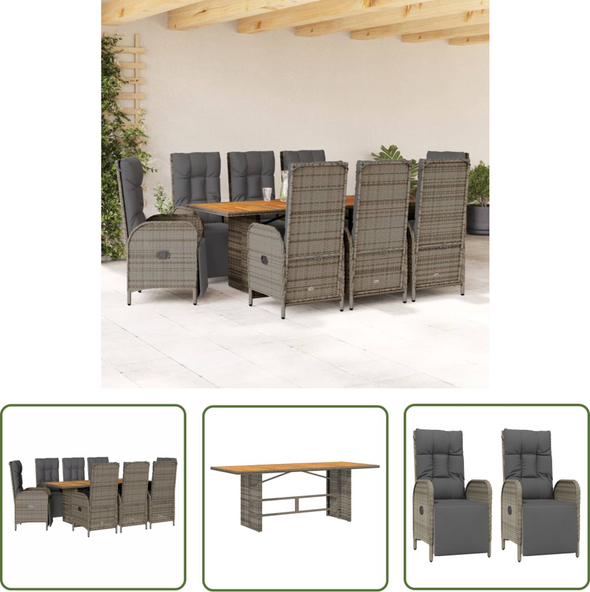The Living Store 9-delige Tuinset met kussens poly rattan grijs - Tuinset - Lounge Set - Buitendecoratie - Eetkamerset - Outdoor Furniture