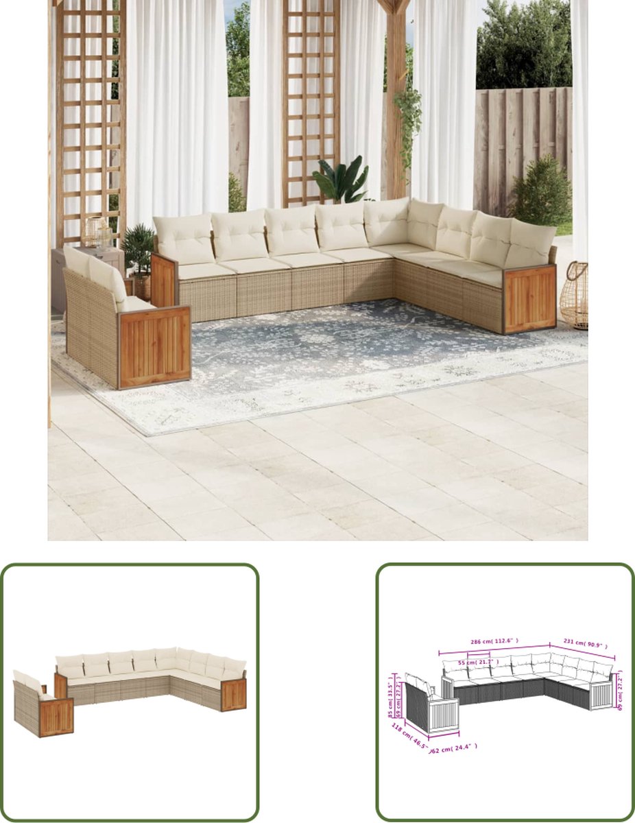 The Living Store 10-delige Loungeset met kussens poly rattan beige - Loungeset - Tuinset - Lounge Set - Buitendecoratie - Tuinmeubels