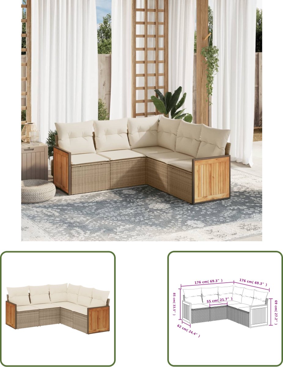 The Living Store 5-delige Loungeset met kussens poly rattan beige - Loungeset - Tuinset - Lounge - Buitendecoratie - Tuinmeubels