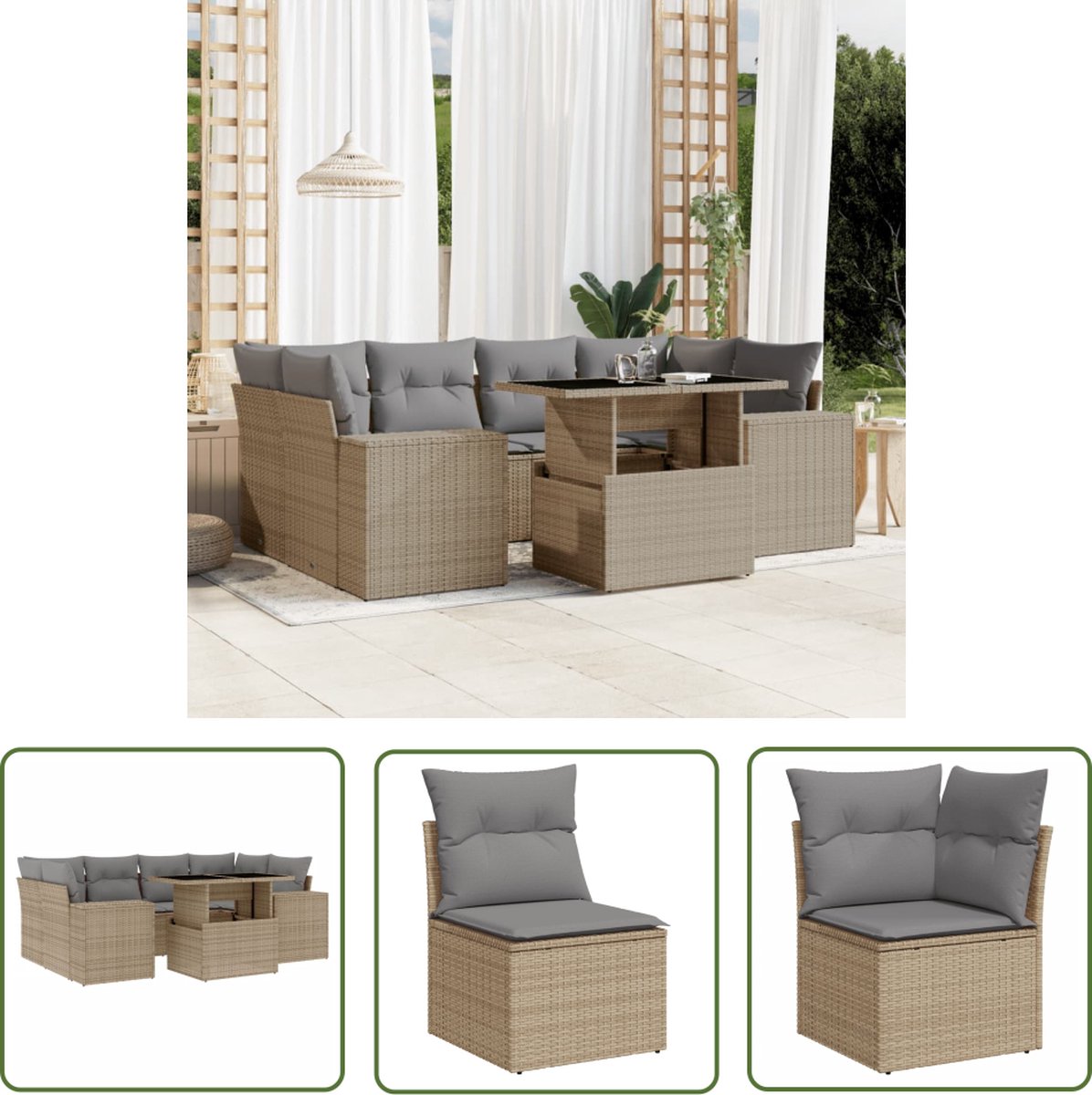 The Living Store Loungeset beige poly rattan met kussens.