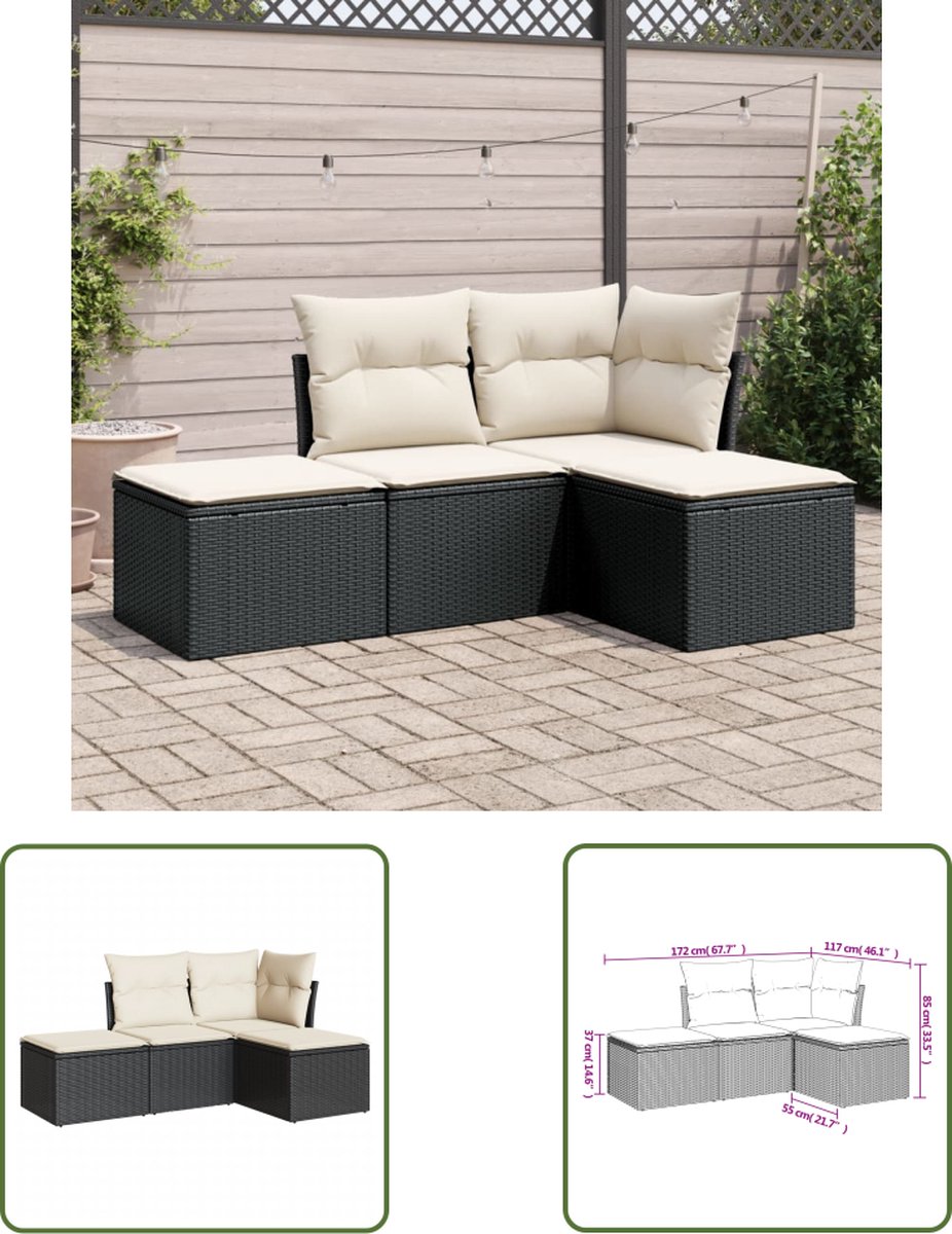 4-delige zwarte loungeset met kussens van poly rattan.