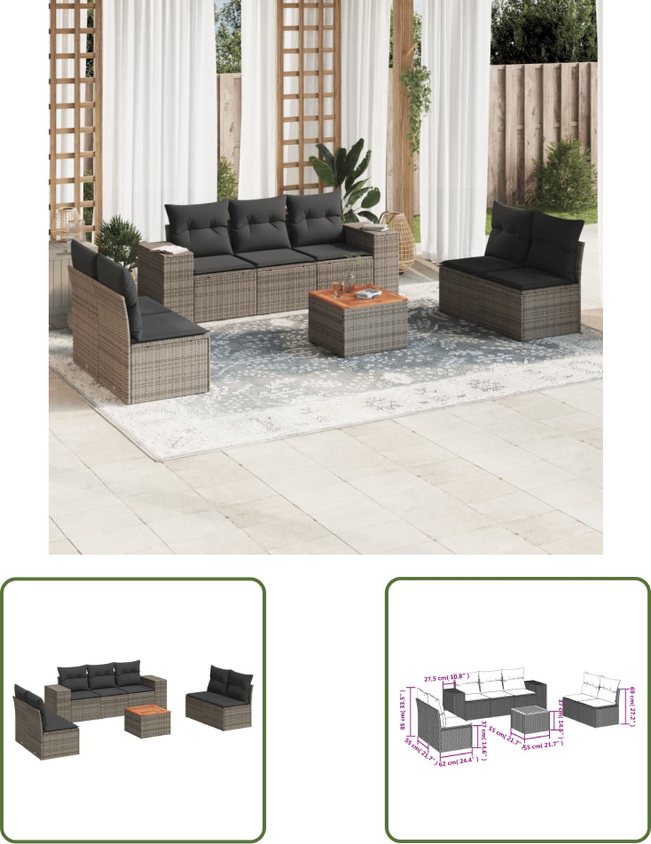 The Living Store 8-delige Loungeset met kussens poly rattan grijs - Tuinlounge - Lounge Set - Buitenmeubelen - Pe Rattan - Loungebank