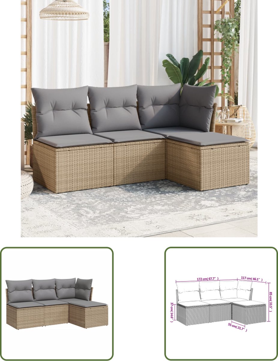 Luxe beige poly rattan loungeset met kussens - Tuinmeubels - Buitendecoratie