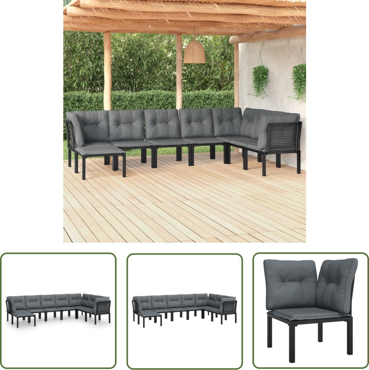 Zwart en grijs poly rattan loungeset met hoeksofa en loungestoel.