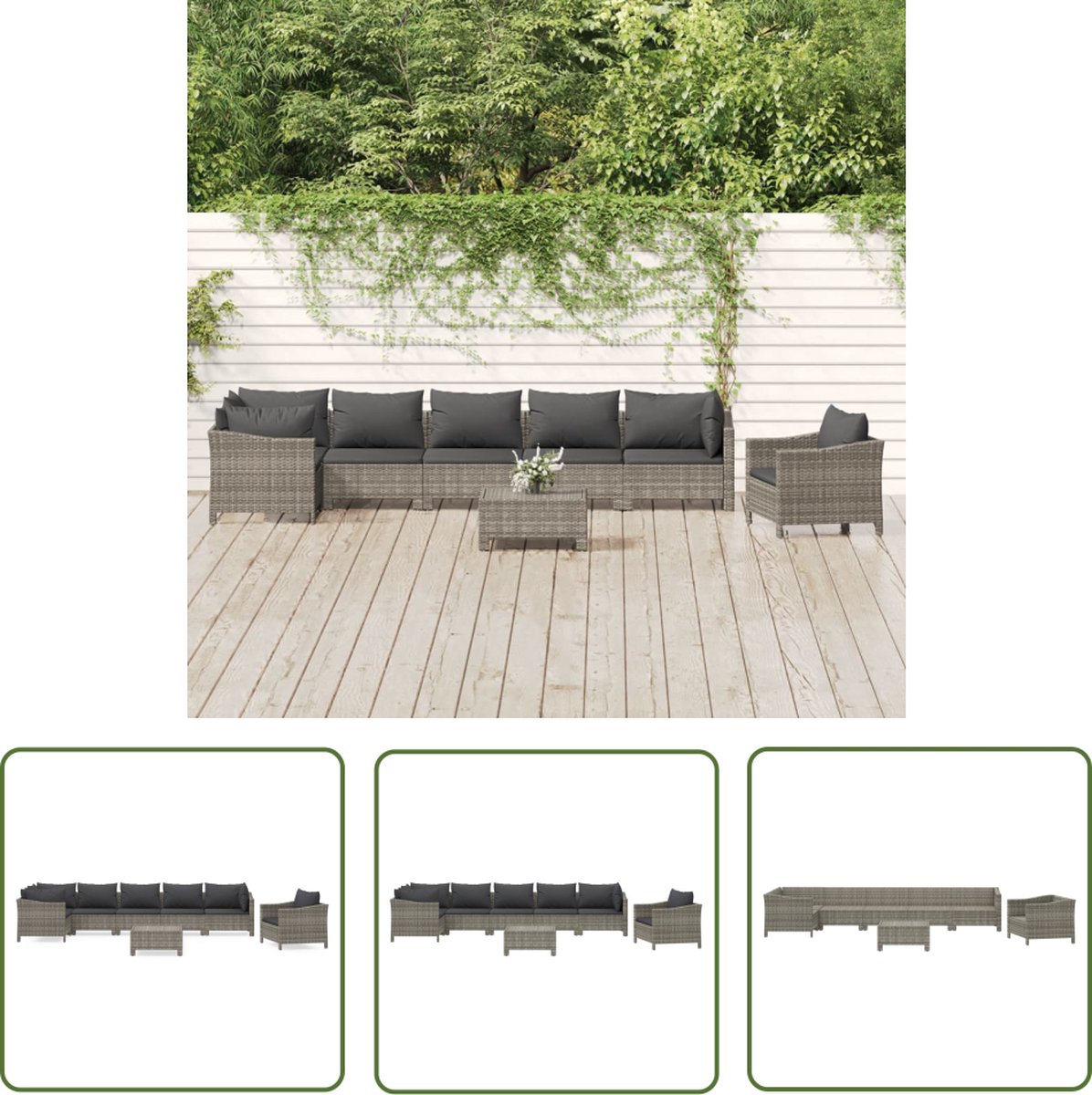 Grijze poly rattan loungeset met kussens voor tuin en terras.
