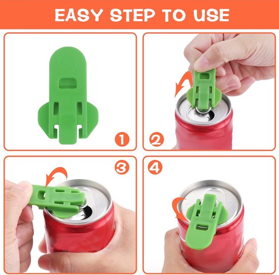 Stappenplan voor gebruik groene blikopener: 1. Toon opener. 2. Plaats op blikje. 3. Kantel en til. 4. Gemonteerd.