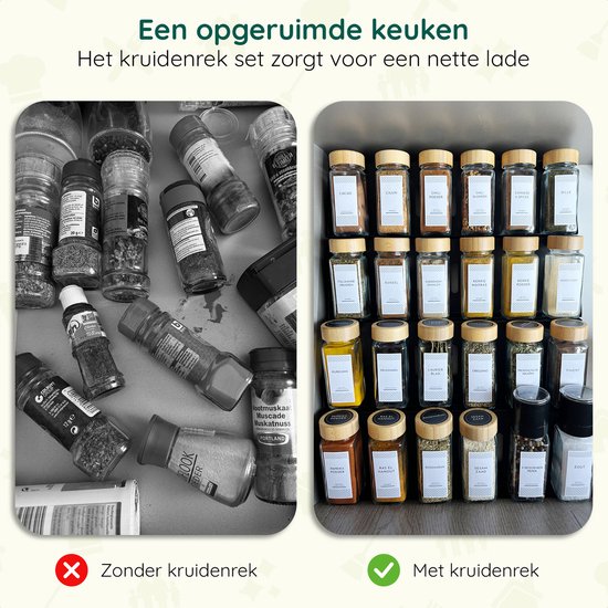 Voor en na de kruidenrek: een rommelige lade met potjes vergeleken met een nette lade met georganiseerde kruidenpotjes.
