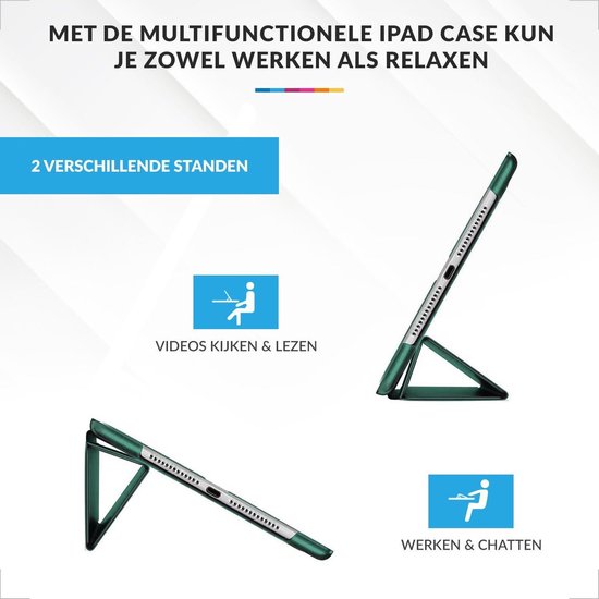Donkergroene iPad hoes in twee standen: video kijken & lezen, werken & chatten.