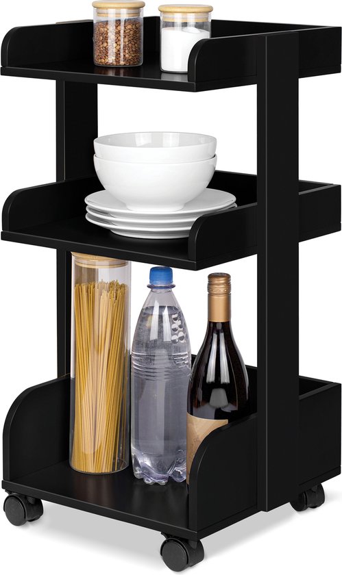 Bomoe Bosse – Desserte de Cuisine en Bois FSC® sur 4 Roues Verrouillables & 3 Niveaux – Chariot de Service 32x35x69cm Zwart pour Salle de Bain Bureau