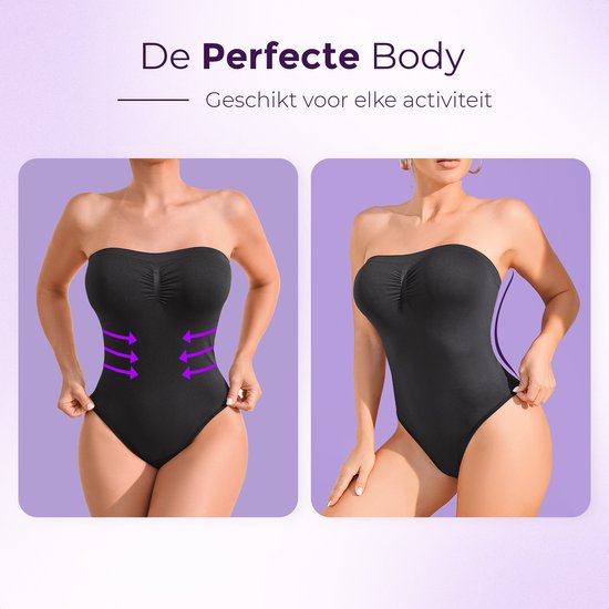 Twee foto's van een zwarte strapless body die de perfecte body vormt, geschikt voor elke activiteit.