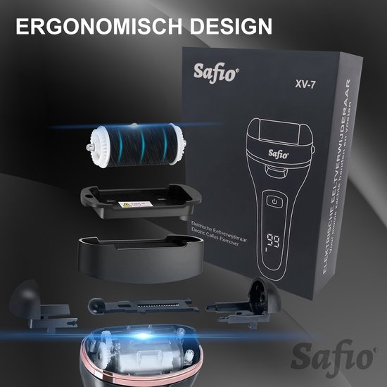 Elektrische eeltverwijderaar Safio XV-7 ergonomisch ontwerp, met een overzicht van de onderdelen.