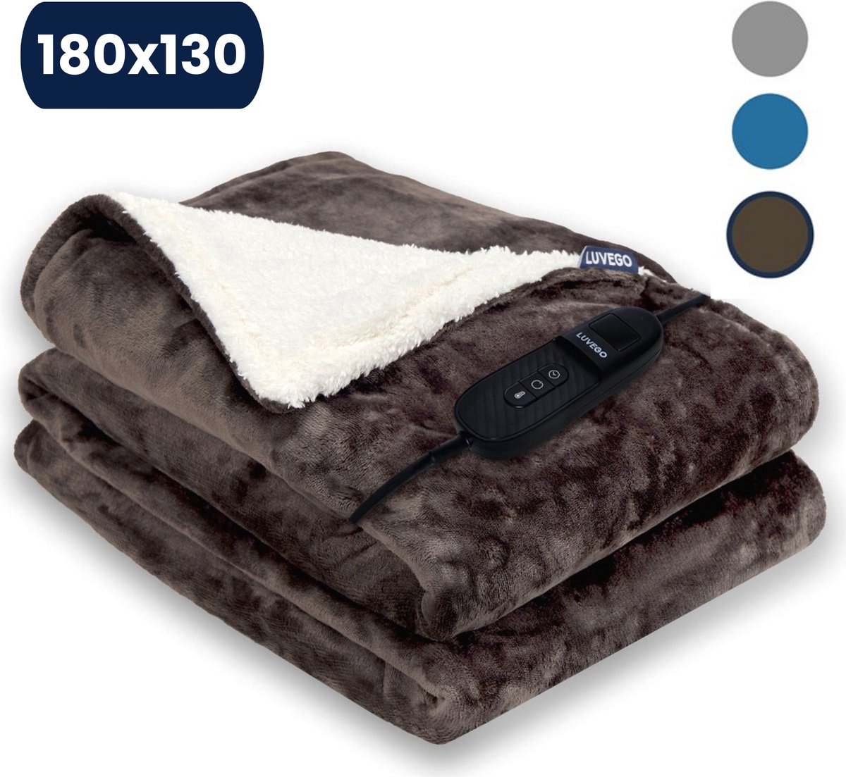 Luvego Elektrische Bovendeken Warmtedeken XL met Fleece/Sherpa | 1 Persoons Omslagdeken | Plaid 180x130 CM | 3.5 Meter Kabel | 160W | Bruin - Luvego - €49,99
