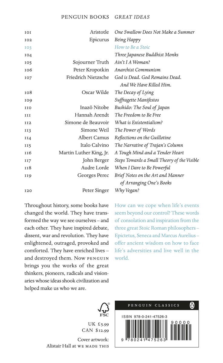Boekomslag met een lijst van titels, waaronder 'How to Be a Stoic', en een korte beschrijving van de Penguin Great Ideas serie.