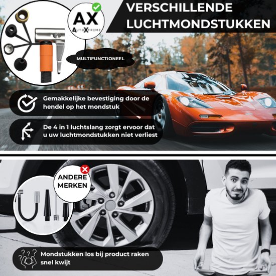 Multifunctionele luchtslang voor AutoXtreme met oranje hendel. Past op autos, fietsen en ballonnen.