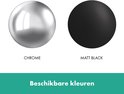 Twee ballen, één glanzend chroom en één matzwart, met tekst 'CHROME' en 'MATT BLACK', en de tekst 'Beschikbare kleuren'.