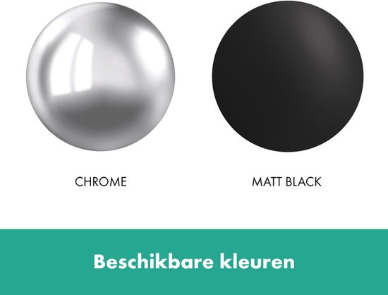 Twee ballen, één glanzend chroom en één matzwart, met tekst 'CHROME' en 'MATT BLACK', en de tekst 'Beschikbare kleuren'.