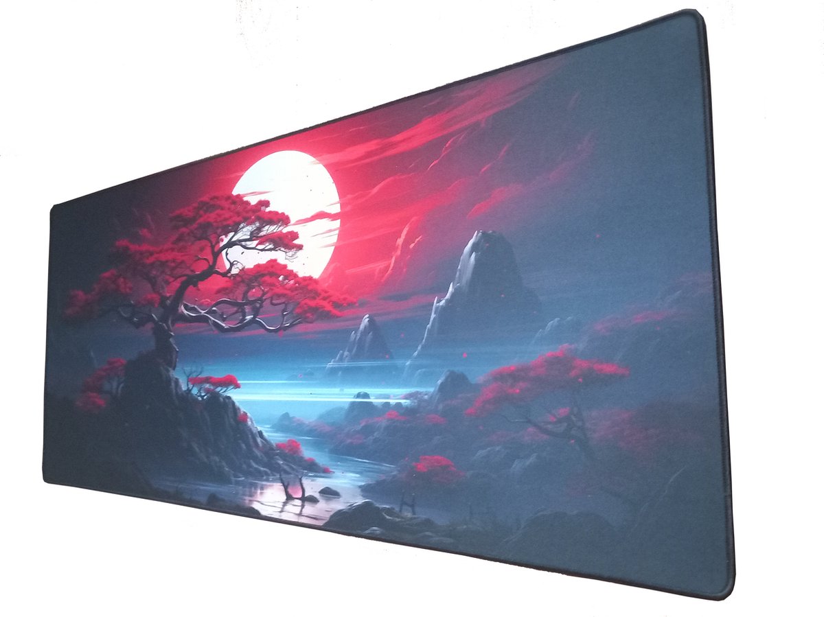 Muismat - XXL - Rood - Zwart Mystic Tree Design - 90x40cm - Gaming Mousepad - Bureauonderlegger