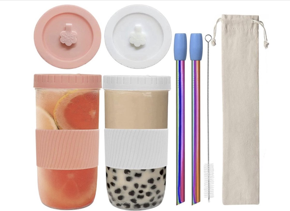 Goedkoopste Bubble Thee Mok met Rietjes 2st, Smoothie Mok, Herbruikbare Mason Jar voor Dranken, Voor Koffie, Milkshakes, Sappen, Smoothies, Bier, Dranken (Roze, Wit