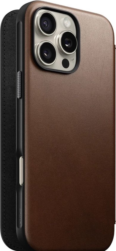 Coque Nomad adaptée à Apple iPhone 16 Pro Max | Folio en cuir moderne | Compatible avec MagSafe et le chargement sans fil | Book Case avec porte-cartes | Cuir véritable | Marron