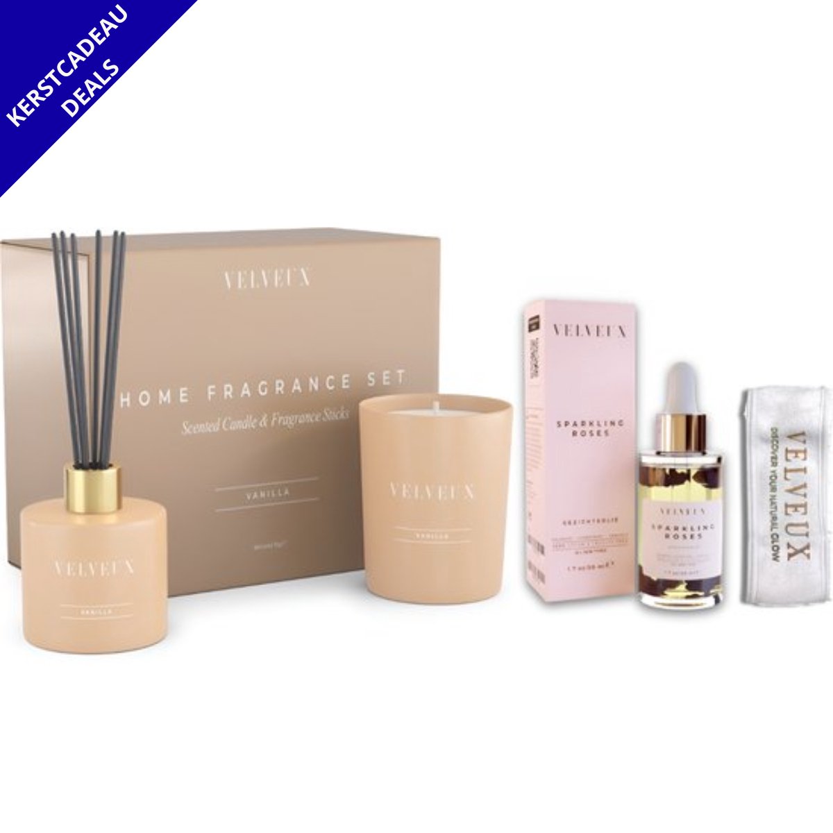 Goedkoopste Velveux kerstcadeau vrouwen cadeaupakket - geurkaars en geurstokjes geschenkset met rozenolie en haarband - huisdecoratie - Kerstcadeau vrouwen