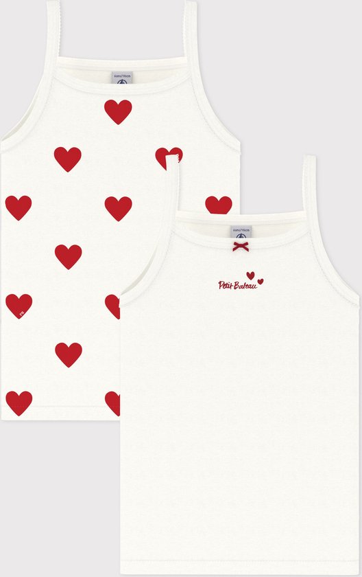 Petit Bateau Set van 2 katoenen meisjeshemdjes met bandjes en hartjes