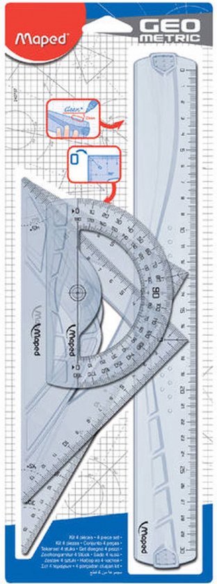 Geometric Kit met 2 driehoeken 21 cm, 30 cm liniaal en 1 gradenboog