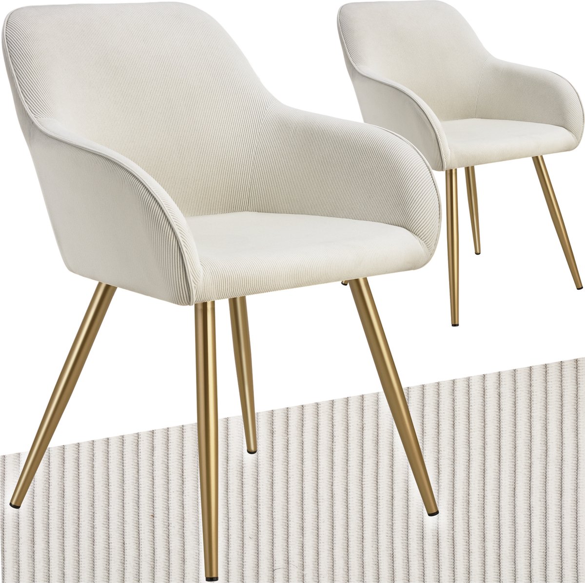 Tectake Eetkamerstoelen Marilyn - Set van 2 - Gestoffeerde Stoelen met Koordlook/ribstof - Gouden Stoelpoten - Ergonomische Keukenstoel - Stoel voor Eetkamer, Woonkamer, Slaapkamer - Creme creme goud