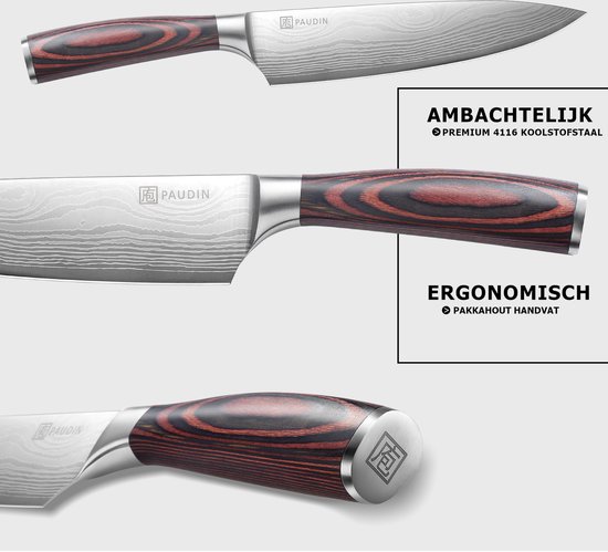 PAUDIN N1 Koksmes - Vlijmscherp Keukenmes - 20 cm Lemmet - Professioneel Japans Mes - Vleesmes - Damascus Patroon - Inclusief Knifeguard - Geschikt voor Groenten, Vlees, Fruit & Vis