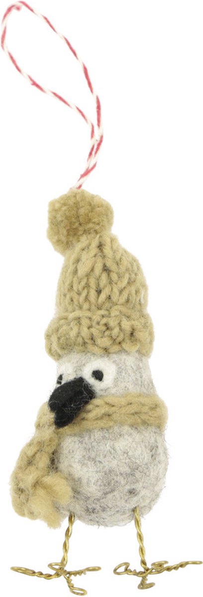 Ornament vilt kerst vogel staand muts/sjaal geel