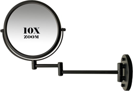 Wandspiegel knikarm mat zwart of(chroom) - 10x of (5x, 7x) vergroting 20cmØ badkamerspiegel Make-up- scheerspiegel